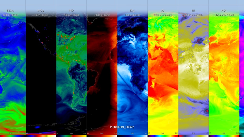 96 chemical species are shown from a GEOS atmospheric simulation