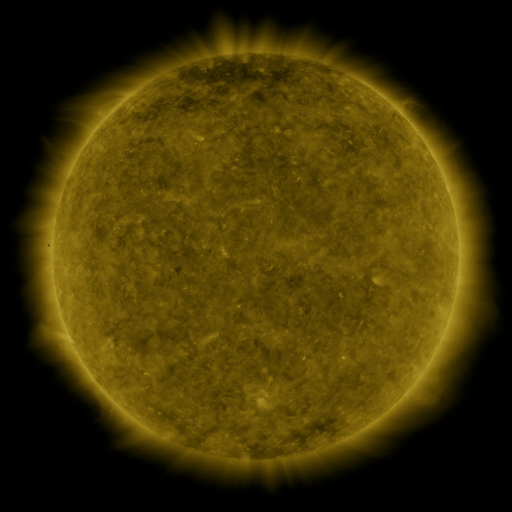 Mercury transit visible through the 171 angstrom filter on SDO.