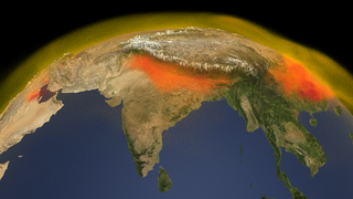 Methane is a powerful greenhouse gas that traps heat 28 times more effectively than carbon dioxide over a 100-year timescale. Concentrations of methane have increased by more than 150% since industrial activities and intensive agriculture began. After carbon dioxide, methane is responsible for about 23% of climate change in the twentieth century. Methane is produced under conditions where little to no oxygen is available. About 30% of methane emissions are produced by wetlands, including ponds, lakes and rivers. Another 20% is produced by agriculture, due to a combination of livestock, waste management and rice cultivation. Activities related to oil, gas, and coal extraction release an additional 30%. The remainder of methane emissions come from minor sources such as wildfire, biomass burning, permafrost, termites, dams, and the ocean. Scientists around the world are working to better understand the budget of methane with the ultimate goals of reducing greenhouse gas emissions and improving prediction of environmental change.  For additional information, see the Global Methane Budget.

The NASA SVS visualization presented here shows the complex patterns of methane emissions produced around the globe and throughout the year from the different sources described above. The visualization was created using output from the Global Modeling and Assimilation Office, GMAO, GEOS modeling system, developed and maintained by scientists at NASA. Wetland emissions were estimated by the LPJ-wsl model, which simulates the temperature and moisture dependent methane emission processes using a variety of satellite data to determine what parts of the globe are covered by wetlands. Other methane emission sources come from inventories of human activity. The height of Earth’s atmosphere and topography have been vertically exaggerated and appear approximately 50-times higher than normal in order to show the complexity of the atmospheric flow. 

As the visualization progresses, outflow from different source regions is highlighted. For example, high methane concentrations over South America are driven by wetland emissions while over Asia, emissions reflect a mix of agricultural and industrial activities. Emissions are transported through the atmosphere as weather systems move and mix methane around the globe. In the atmosphere, methane is eventually removed by reactive gases that convert it to carbon dioxide. Understanding the three-dimensional distribution of methane is important for NASA scientists planning observations that sample the atmosphere in very different ways. Satellites like GeoCarb, a planned geostationary mission to observe both carbon dioxide and methane, look down from space and will estimate the total number of methane molecules in a column of air. Aircraft, like those launched during NASA’s Arctic Boreal Vulnerability Experiment (ABOVE) sample the atmosphere along very specific flight lines, providing additional details about the processes controlling methane emissions at high latitudes. Atmospheric models help place these different types of measurements in context so that scientists can refine estimates of sources and sinks, understand the processes controlling them and reduce uncertainty in future projections of carbon-climate feedbacks.