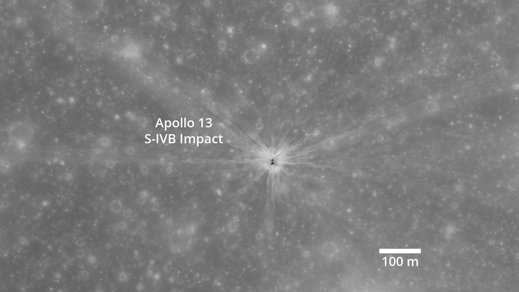 The impact of the Apollo 13 S-IVB is seen as a brief flash on the night side of a waxing gibbous Moon. The camera then flies very close to the surface to show an LRO image of the impact site.