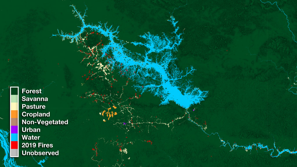 This data visualization begins with a wide view of Northern Brazil. It then zooms down to the Uatumã Biological Reserve and compares its relative size to the San Francisco Bay area. Next we cycle through over three decades of land use transformation to show the lake formation over time as well as the increased pasture and croplands to the west of the lake. Lastly, we fade in 2019 fire data to indicate how the data will continue to change into the upcoming year.