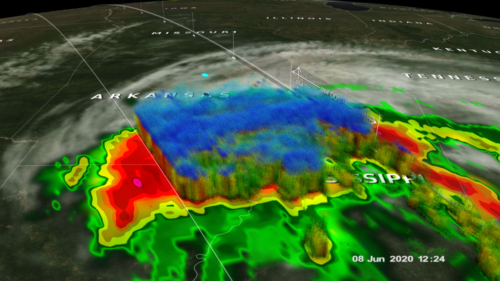 This data visualization shows Tropical Storm Cristobal on June 8th, 2020 after it had already made landfall and began moving northward up Louisiana and Alabama into Arkansas. GPM's GMI and DPR then sweep in to reveal the detailed surface precipitation and storm structure.