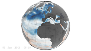 Ocean surface winds and CO2 flux.  Blue areas are where CO2 is absorbed by the ocean and red areas are where CO2 is outgassed from the oceanComing soon to our YouTube channel.