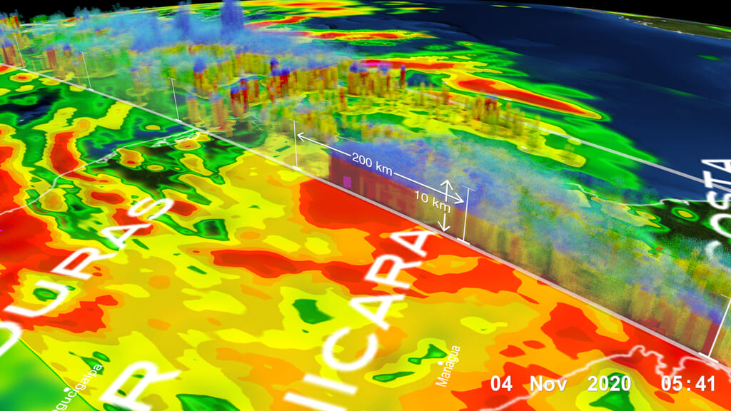 Hurricane Eta (a Category 1) over Nicaragua on 11/4/2020 at approximately 5:25Z. This visualization focuses on the high precipitation southwest of Eta's eye.