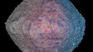 3d model of asteroid Bennu with three data layers. Left to right - Albedo map with global image mosaic, carbon data, and false-color imagery. 