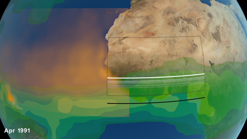 This visualization depicts the northern trend of the Intertropical Convergence Zone (ITCZ).  A horizontal black line indicates the current ITCZ centroid for the longitudinal extents of the study region, which moves with GPCP precipitation data.  The northernmost extent of the ITCZ is indicated with a thin white line for each year.  The bold white line represents the northernmost overall extent.  The grey box represents the study region used to calculate the ITCZ centroid.  A region of dust optical depth data is shown in orange off the coast of Africa.   