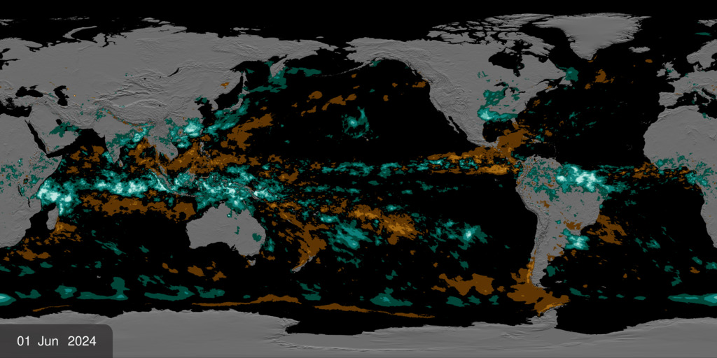 An animation of the most recent variation in global precipitation data from IMERG.