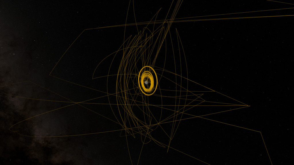 This visualization depicts the OSIRIS-REx spacecraft’s trajectory around the asteroid Bennu from the initial arrival in Dec 2018 through the final departure in April 2021.  The trajectory is presented in a Sun Bennu North reference frame.  Several mission segments are highlighted in white, leading up to the TAG sample collection maneuver on Oct 20, 2020.   