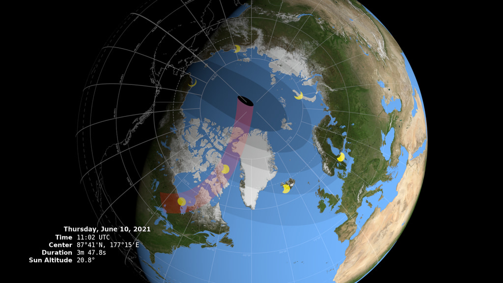 A visualization of the Moon's shadow during the June 10, 2021 annular solar eclipse showing the antumbra (black oval), penumbra (concentric shaded ovals), and path of annularity (red). Images of the Sun show its appearance in a number of locations, each oriented to the local horizon.Also available on the NASA SVS YouTube channel.Coming soon to our YouTube channel.