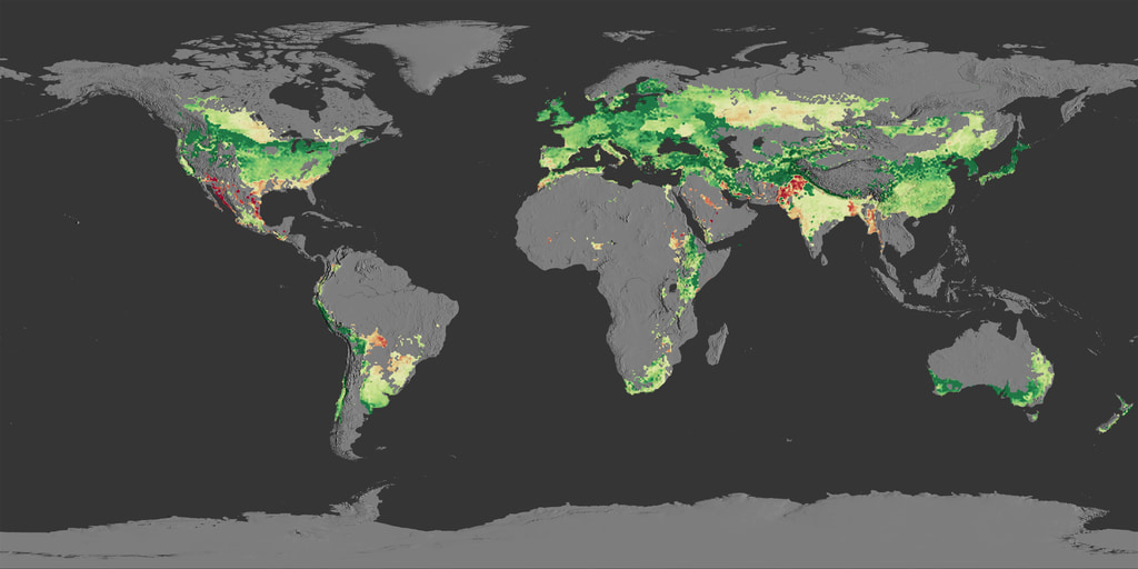 Visualization of future wheat yield projections presented in an equatorial cylindrical equidistant projection for use in Science on a Sphere type displays.