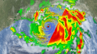 Hurricane Ida off the Louisiana coast as a Category 4 hurricane on the morning of Sunday, August 29th at 10:13am (CDT) right before making landfall. This animation varies from the previous (#4932) by flying down to the left side of the storm and only peeling back the layers of volumetric DPR data up to the eye. The camera then flies up to get a straight down bird's eye view of the structure. Doing so allows us to see the multiple bands that extend outside of the inner eye wall.