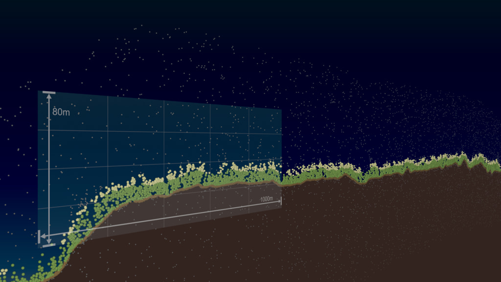 Print still - A closeup view of data from one ICESat-2 beam with the data points classified as ground (light brown), vegetation (green), vegetation canopy (tan), or unclassified (grey). A transparent scale is overlaid showing measurements in meters. Altitude is exaggerated 5x.