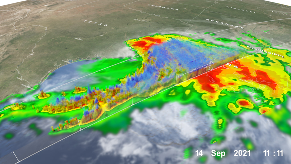 This data visualization depicts Hurricane Nicholas on September 14, 2021 several hours after making landfall along the Northern Gulf coast. Although Nicholas was not a powerful or long-lived hurricane, it did bring several inches of rain to a region that had recently been hit by powerful Hurricane Ida two weeks prior.