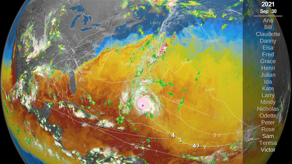 This data visualization shows hurricane tracks over clouds over precipitation over sea surface temperatures from May 1 through September 30th, 2021. This presentation was created for the COP 26 Conference.