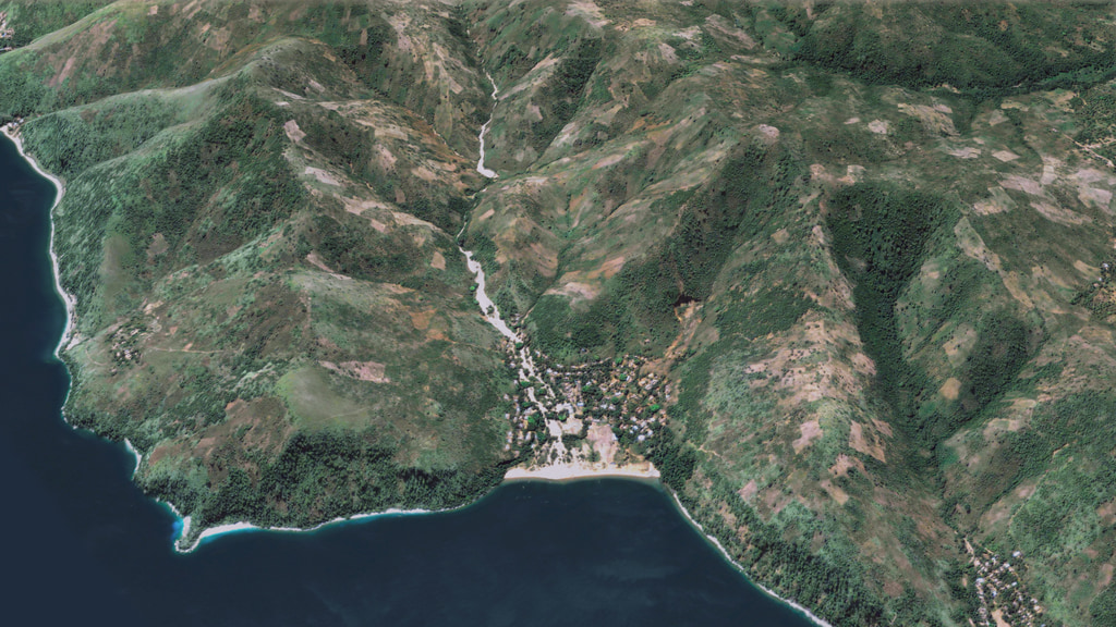 This visualization begins by showing the location of the village of Kigalye, south of the Gombe National Park in Tanzania.  The topography of that region is draped with a satellite image taken on May 14, 2005.  As we fly up the valley between Kigalye and the park, scars from deforestation cover much of the landscape.