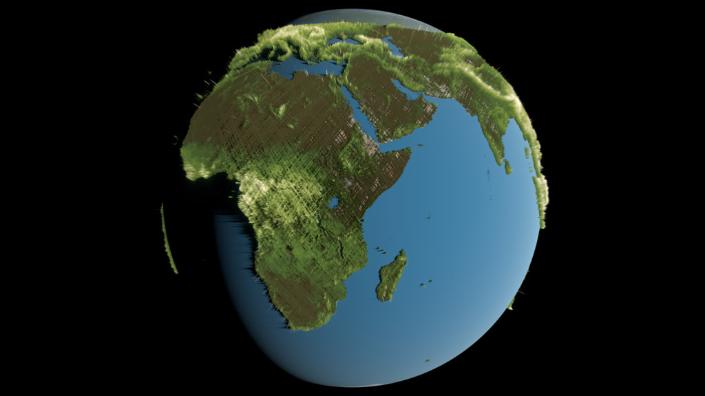 This visualization depicts a global view of forest height data collected by the GEDI instrument aboard the International Space Station.  Brown and dark green represent shorter vegetation.  Bright green and white represent taller vegetation.  This visualization uses data collected between April 2018 and April 2019. Height is exaggerated to depict variation at this scale. This version has no on screen color bar.