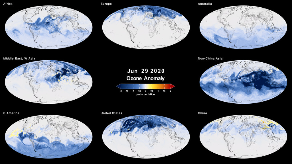 Ozone reductions corresponding to emission decreases from lockdowns in each region of the world show distinct patterns, both locally where the lockdowns occurred and remotely due to the global circulation of the atmosphere. The results demonstrate that where and when the lockdowns occurred is very important in determining the impact on atmospheric composition.

To identify regional and seasonal changes in the ozone response, the team conducted model simulations for each region separately. For each model simulation shown here, only the NOx reductions for that region were used, leaving the rest of the globe at the status quo. This allowed the investigators to avoid seeing overlapping effects from more than one region at once.

Each region shows distinct patterns: 

Ozone production from NOx is most efficient in the tropics because of warmer and sunnier climate. 

The South American emission reductions result in a long tail of decreased ozone along the mid-latitude westerlies in the Southern Hemisphere.

The European and Australian emission influences on ozone are mostly limited to the region poleward of 30°, linked to the movements of large air masses, like cold or warm fronts, that scale thousands of miles. 

Overall, the lockdowns in the northern midlatitudes had the largest impact on ozone concentrations because reductions in NOx emissions were largest there. 
