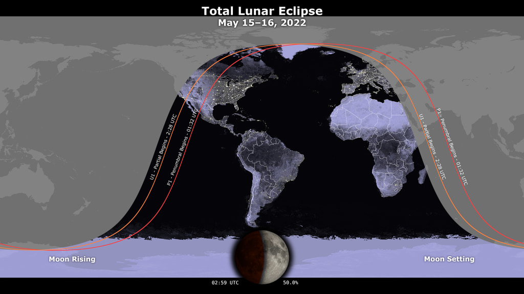 An animated map showing where the May 15-16, 2022 lunar eclipse is visible. Contours mark the edge of the visibility region at eclipse contact times. The map is centered on 63°52'W, the sublunar longitude at mid-eclipse.