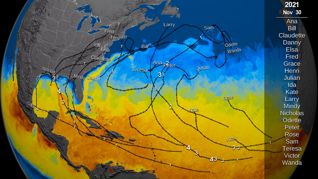 This special version of the 2021 Hurricane Season data visualization uses all the below layers to show the entire 2021 Hurricane Season, but elements of it were sped up in post production to accelerate the data when no hurricanes are present. This provides the viewer with a more compact experience that focuses exclusively on the hurricanes.