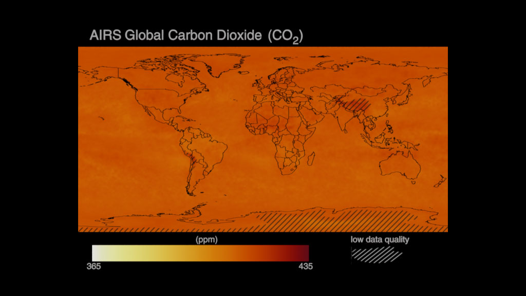 Monthly frames (720x480 resolution) of global carbon dioxide (CO2) for the period September 2002-March 2022, showcasing data products from NASA's Aqua mission. Each frame represents a montly timestep for the period September 2002-March 2022.The CO2_frames_dates_values.csv can be used to sync frame number, date and CO2 values.