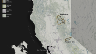 Perimeters of Dixie and Caldor wildfires located in California. The extent of the Dixie wildfire is as of October 22, 2021, while the extent of the Caldor wildfire is as of October 6, 2021. The dropdown menu offers multiple resolutions for a 32:27 aspect ratio.