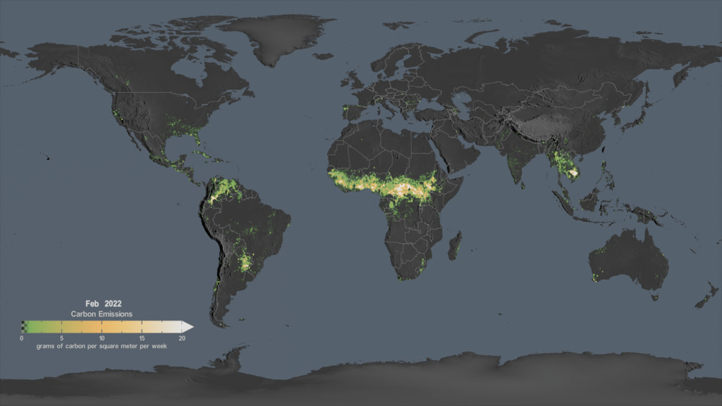 This visualization protrays the weekly carbon emissions from fires between January 2003 and January 2022. A colorbar indicates the quantity of carbon emitted in each square meter during a week.