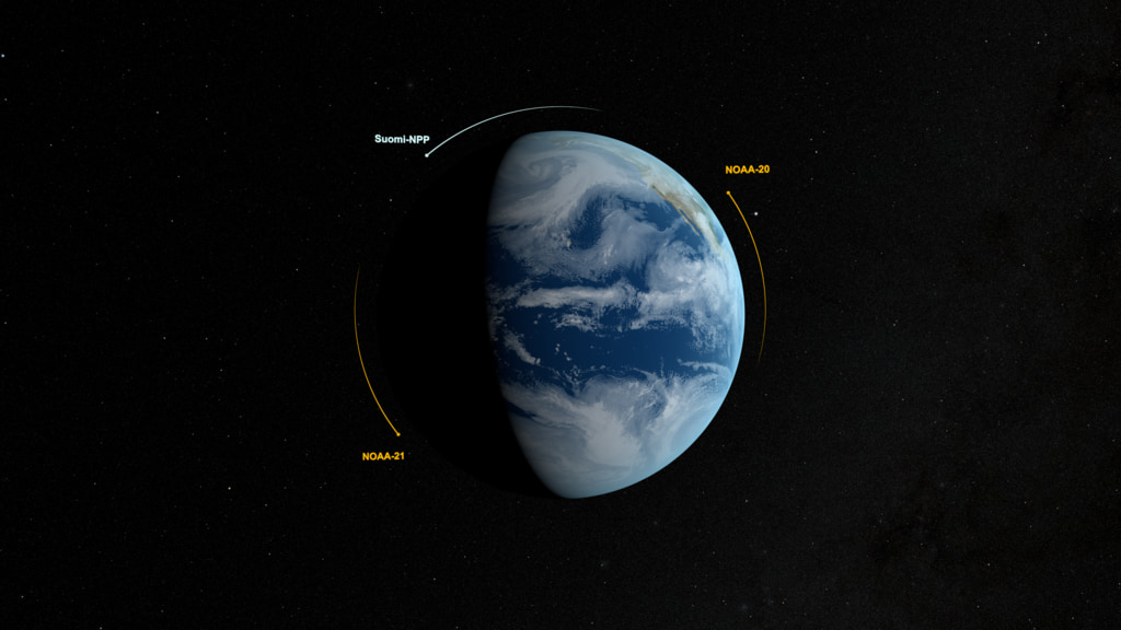 This short animation shows the orbits of NOAA-21, NOAA-20, and Suomi-NPP.  NOAA-21 will provide the same observations as its sister satellites, NOAA-20 and Suomi-NPP. NOAA plans to place NOAA-21 in a quarter orbit ahead of Suomi-NPP, and NOAA 20 will be a quarter orbit behind SNPP. 