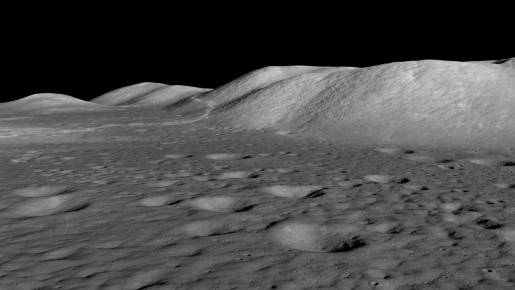 The camera flies low over the Taurus-Littrow valley, primarily east to west, arriving at the South Massif, where it tilts up to view the Earth.