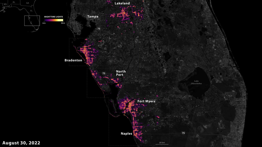 Difference in nighttime light energy levels and coverage before and after Hurricane Ian. The nighttime light data were generated from NASA’s Black Marble and depicts the levels on August 30th, 2022 (before Hurricane Ian) and on September 30th, 2022 (after Hurricane Ian). 