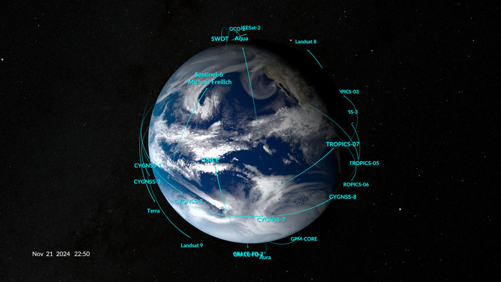 A current view of NASA's Earth observing fleet. This image is updated every 10 minutes. Time shown in UTC. 