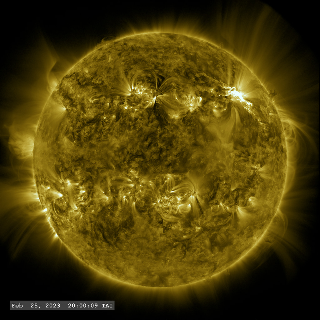 February 25, 2023.  Active Region 13229.  A 6.3 M-class flare see in SDO/AIA 171 angstrom filter.  The point-spread function correction (PSF) has been applied to all this imagery.