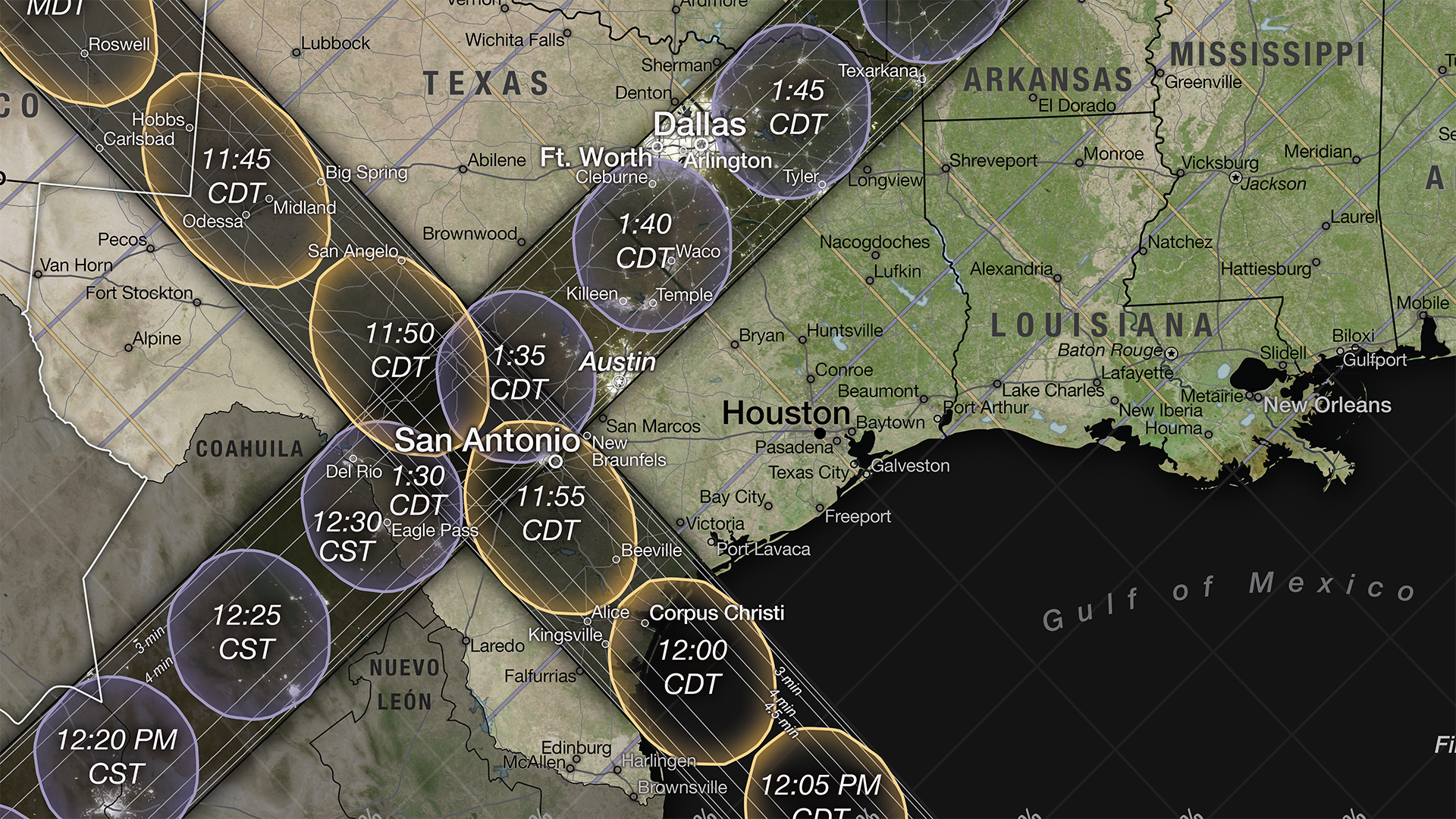 Watch a close-up tour of the new 2023 and 2024 solar eclipse map. 
Map Credits: Michala Garrison and the Scientific Visualization Studio (SVS), in collaboration with the NASA Heliophysics Activation Team (NASA HEAT), part of NASA’s Science Activation portfolio; eclipse calculations by Ernie Wright, NASA Goddard Space Flight Center
