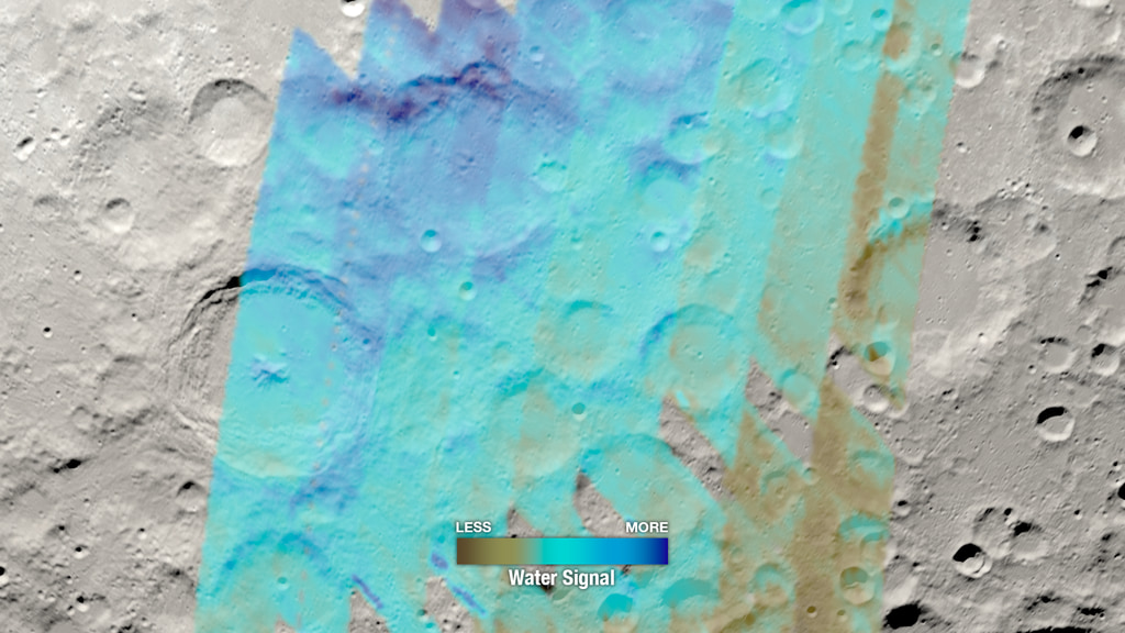 The virtual camera flies toward the Moon, visualized as it appeared on February 17, 2022, then scans south over the area of the SOFIA observations, shown in shades of blue (stronger water signal) and brown. Includes a color key and latitude-longitude grid near the South Pole.