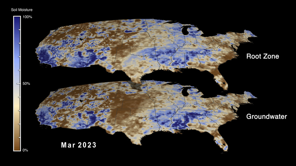 Sample composite showing the comparison between the root zone relative wetness data to groundwater wetness data. The root zone is approximately 1 meter below the surface as opposed to groundwater which is deeper. Seeing these side-by-side allows the viewer to see that the root zone data changes much more rapidly than the deeper stored groundwater data.