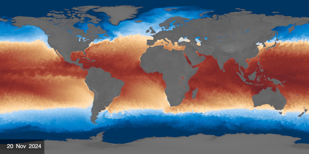 An equirectangular view of sea surface temperature (SST) data for the past two and half years, updated daily to include the latest available data.  