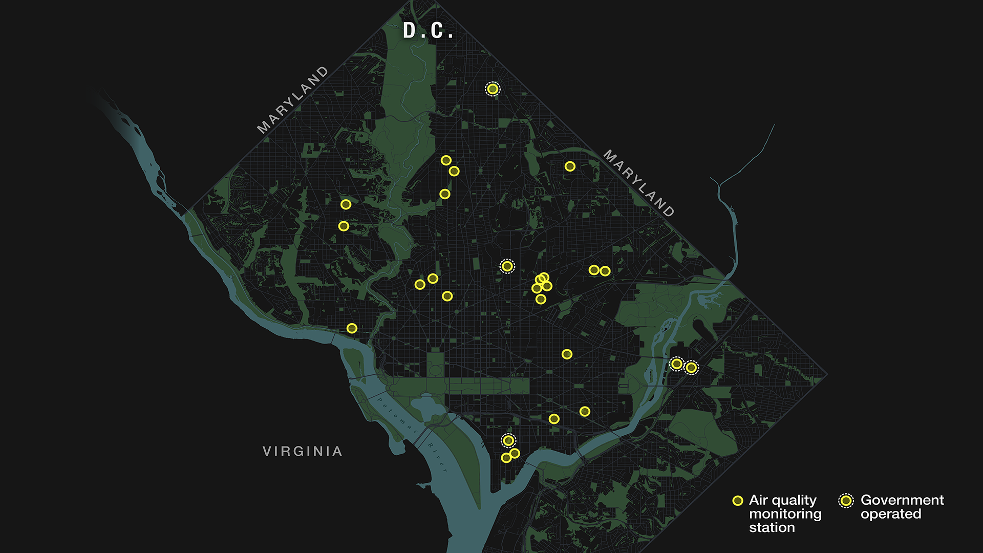 All air quality monitoring stations that measure particulate matter 2.5 (PM2.5) located in Washington D.C. The government operated stations are circled in white. Click the download dropdown for more versions.