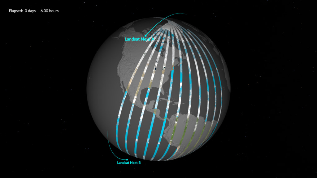 Lansdat Next trio of satellites orbiting and revealing data.  It takes Landsat Next 6 days to get full coverage of the earth (aside from areas near the poles).  This visualization shows two full cycles of coverage.