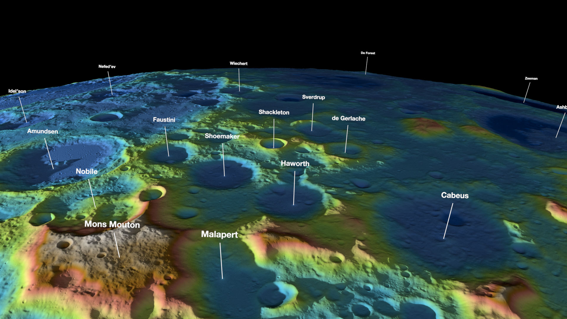 The camera flies toward and then around the Moon's South Pole as the natural surface color changes to colors that encode elevation. Thirty features at the South Pole are identified.