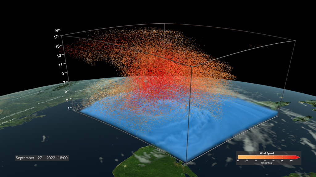 This visualization begins with an image sequence of cloud and lightning images of Hurricane Ian created by Cooperative Institute for Research in the Atmosphere (CIRA) and NOAA.  The image sequence fades to show the volume of humidity (shown in blue) along with the wind flows near the surface.  As the camera pulls back we see the humidity in a  9 degree by 9 degree region off the western coast of Florida.  A box containing this region gradually grows in altitude showing the fast wind circulation above the humidity volume up to an altitude of 17 km. 