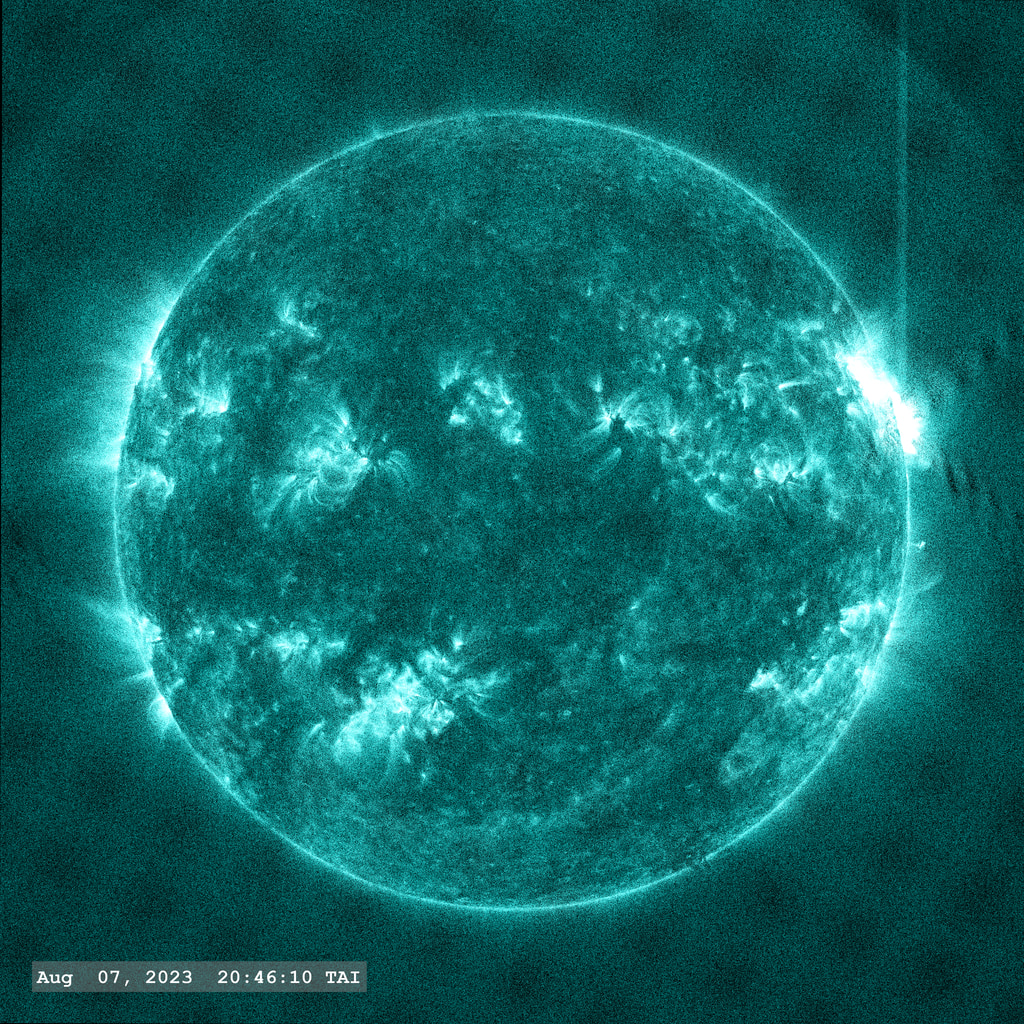 Active Region AR13386 launches an X 1.5 flare as it approaches the right limb of the Sun in this view from the SDO/AIA 131A filter. This region launched flares the previous two days  before rotating over the limb as seen from Earth. The point-spread function correction (PSF) has been applied to all this imagery.