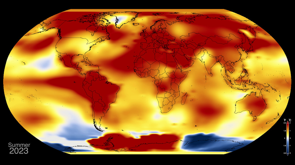 This 'map shows monthly temperature anomalies measure from 1880 to August 2023 measured with respect to a the baseline period 1951-1980.Versions are provided in both English and Spanish.