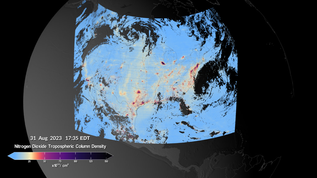 In this visualization, high levels of nitrogen dioxide can be seen over multiple urban areas across the U.S., Canada, Mexico and the Caribbean. As the day progresses, the morning pollution often dissipates. Later in the afternoon, it will rise again as the cities enter their second rush hour of the day. Because TEMPO uses visible sunlight to make measurements, it cannot see pollution below clouds or at night. Cloudy areas appear as missing data in the visualization. This visualization shows data from August 28-31, 2023.