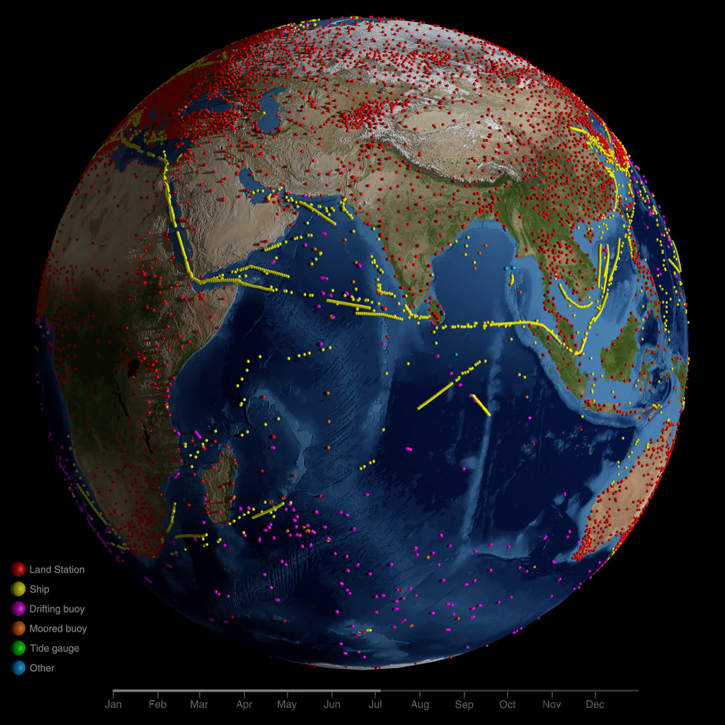 The locations of the temperature measurements that were used in the 2023 GISS Surface Temperature Analysis (v4). The data on land comes from the weather stations that make up the Global Historical Climatology Network (GHCN). Over water temperature measurements come from International Comprehensive Ocean-Atmosphere Data Set (ICOADS).  