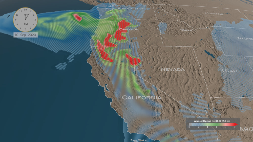 This visualization shows the lightning over California on August 16 and 17, 2020 that caused 38 separate fires to ignite. These eventually combined into the August  Complex fire, the first recorded gigafire in California history, which burned until November 12 consuming 1,614 square miles (4,180 square kilometers). As the lightning fades, a series of images shows the smoke emanating from the fires on September 8 of that year. The visible smoke is followed by a series showing the Aerosol Optical Depth (a unitless quantitative metric of how much smoke is present in the atmosphere) as the smoke particles were transported across the Western US and Canada over a 10 day period.