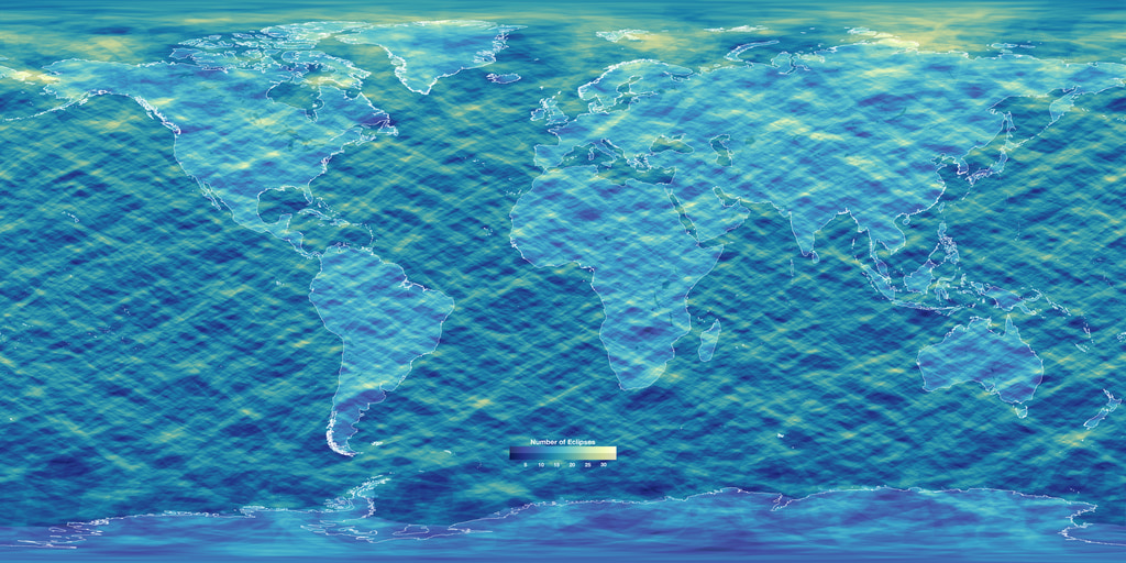 A heatmap showing the frequency of total solar eclipses over the 5000 years from 2000 BCE to 3000 CE. Includes versions without the color key and without the continent outlines.