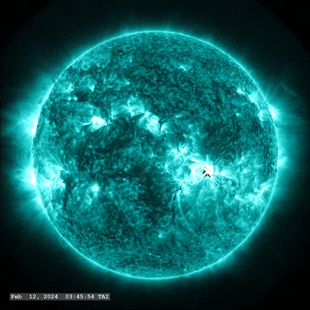 About a day after a previous M-class eruption, Active Region 13576 launches another mid-range (M6.5 class) flare in the view through the SDO/AIA 131 angstrom filter.   Near the end of this movie, we can see another lump of hot plasma erupting from the lower right from an active region now on the backside of the Sun from Earth.