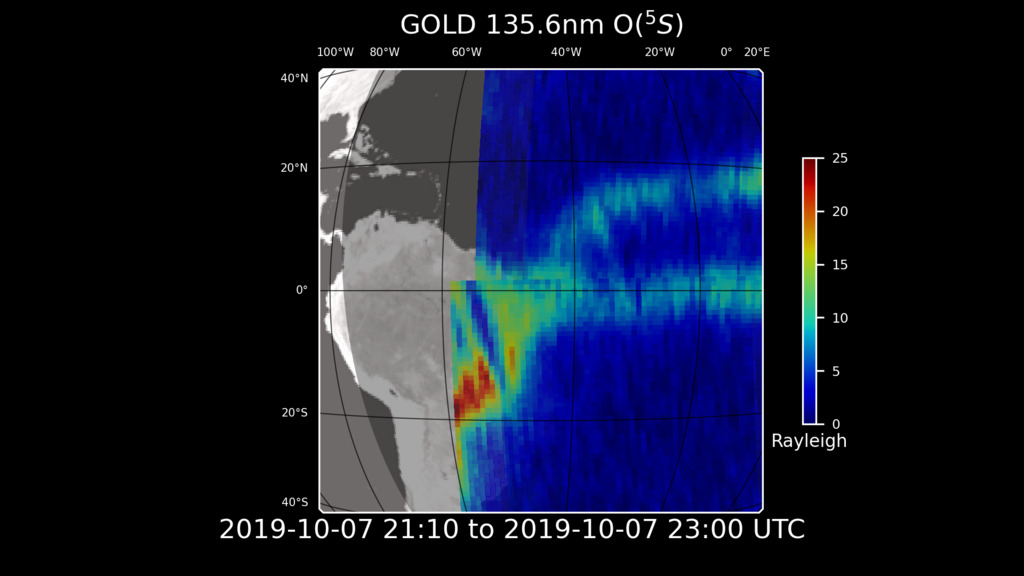 In this close-up view of Earth on October 7, 2019, just after sunset, GOLD observed an X-shaped structure in the oxygen emission of the equatorial ionization anomaly.