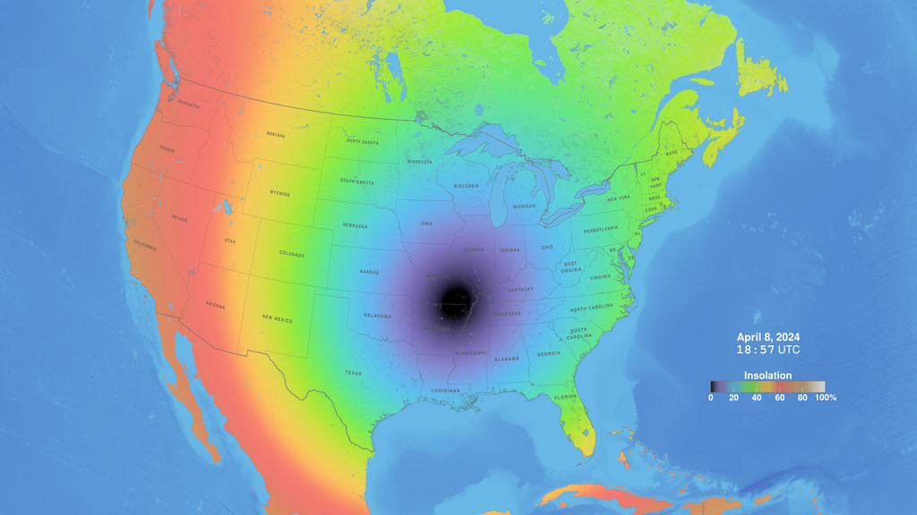 Insolation (the amount of sunlight reaching the ground) is affected dramatically by the Moon's shadow during the April 8, 2024 total solar eclipse.