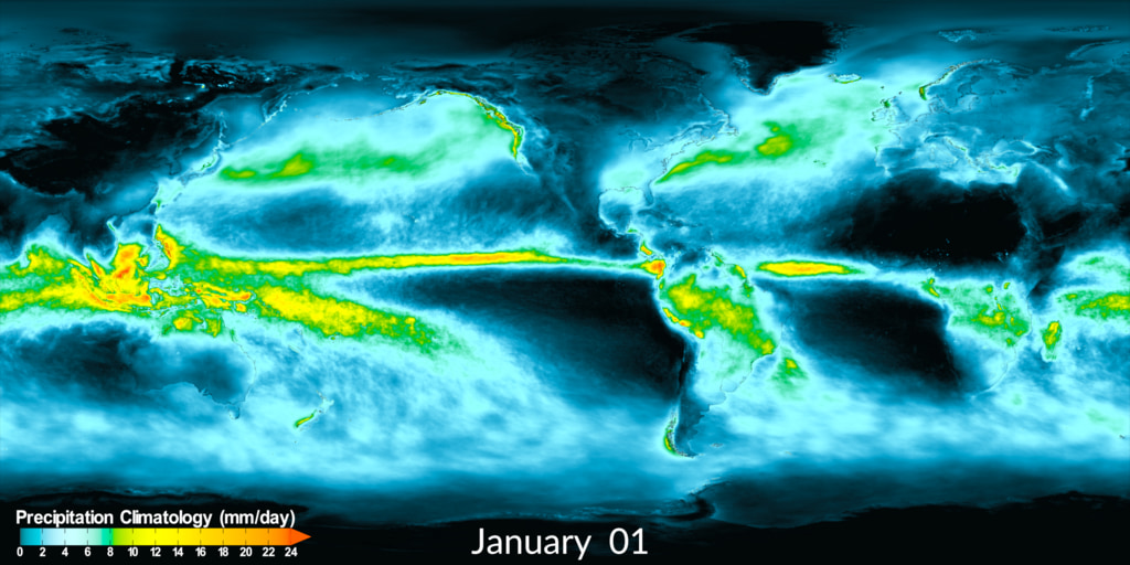 Example composite showing the 30 day moving average daily precipitation climatology along with the date and colorbar.