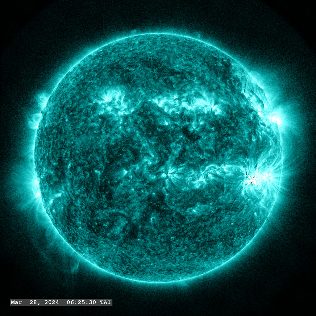 Active Region 13615 (near the lower right limb) erupts with multiple M-class and an X-class solar flares on March 28, 2024 in this view through the SDO AIA 131 angstrom filter.